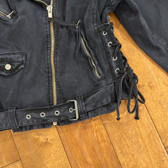 Free People Oversized Denim Moto Jacket Corset Lace Up Washed Black Cotton S - Picture 3 of 4